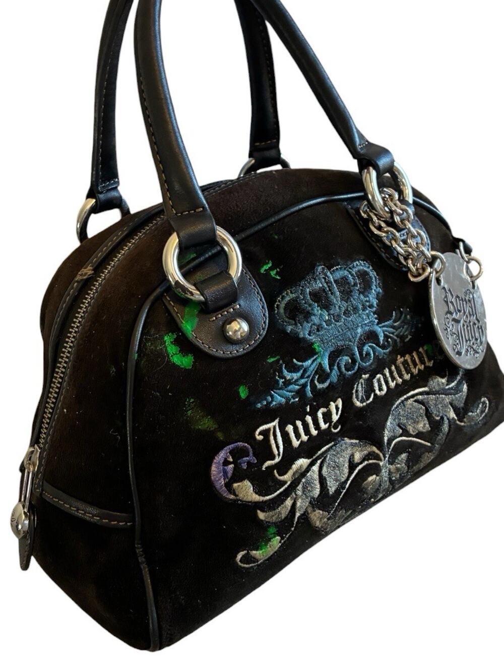 VTG Juicy Couture Bowler Bag Purse Velour Silver Royal Juicy Charm Retro Y2K